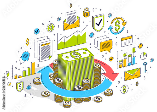 Money circulation, return on investment, currency exchange, cash back, money refund, concepts can be used. Vector 3d isometric business illustration with icons, stats charts and design elements.