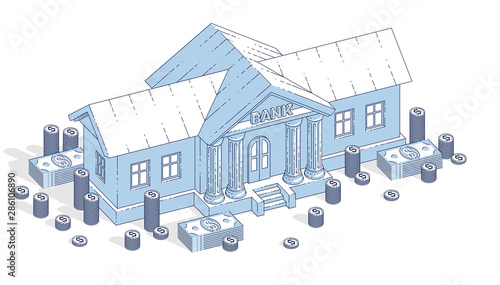 Old cartoon bank building with cash money dollar pile and cent stack cartoon isolated over white background. 3d vector business and finance design, isometric thin line illustration.