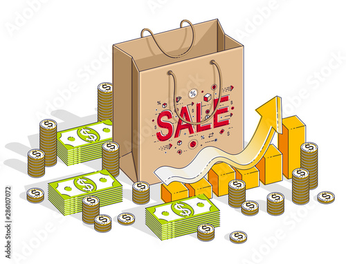 Big Sale concept, Retail, Sellout, Shopping Bag with cash money stacks and growth chart isolated on white background. Vector 3d isometric business and finance illustration, thin line design.