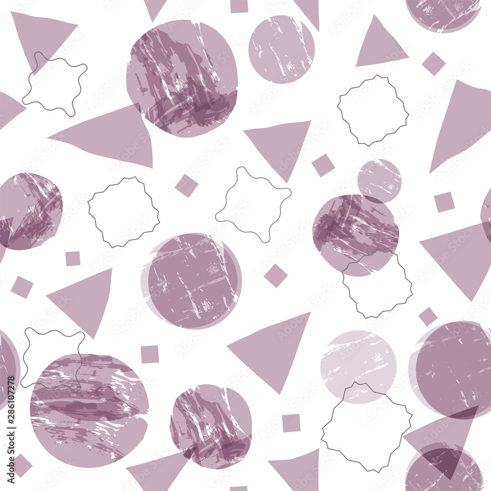 Naklejka premium Abstract geometric shapes seamless background with grunge texture. Circles, squares and triangles with painterly effect. Vector