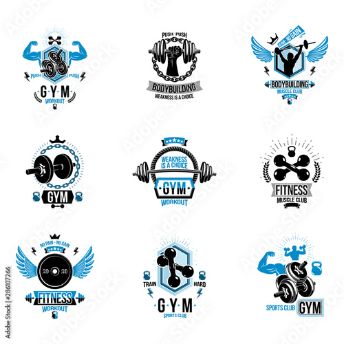 Vector fitness workout theme logotypes and inspiring posters collection created with dumbbells, barbells, disc weights sport equipment and muscular sportsman body silhouettes.