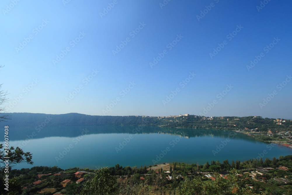 Castel Gandolfo, Italy - 26 August 2019: Panorama of Albano Lake