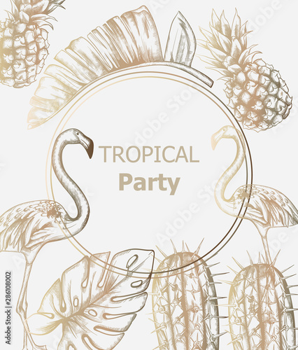 Tropic vintage pattern with flamingo and pineapple Vector. Retro extotic para...