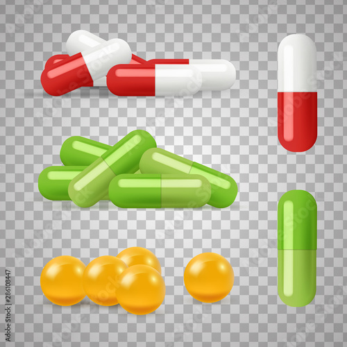 Realistic pills vector. Drugs, medications isolated on transparent background. Illustration antibiotic and medical tablet