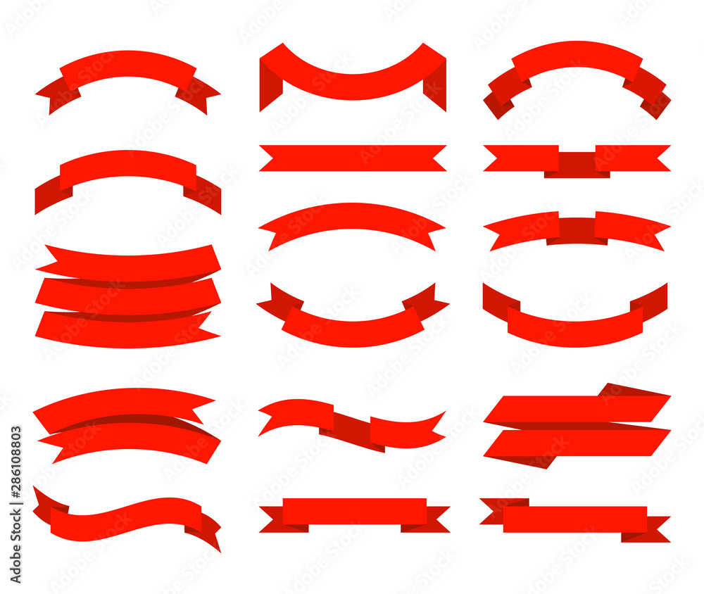 Flat ribbons. Banner tape collection premium red ribbons different shapes vector collection. Illustration ribbons tape decoration, shape red banner
