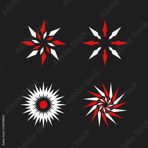 Red and white flower on a black background. Abstract floral decoration for design.