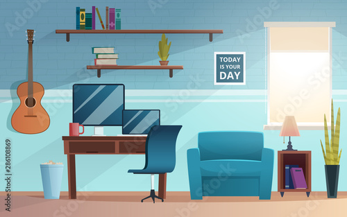 Freelance interior. Working place of student office vector home modern freelance workspace computer table sofa. Illustration of workspace work, interior with computer and desk