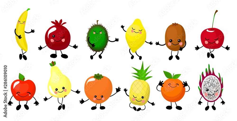Set of colorful images of cute kawaii fruits - pear, banana, lemon, apple, pineapple, orange, persimmon. Isolated elements on a white background, flat style. Cute characters for kids, vector illustrat Set of colorful images of cute kawaii fruits - pear, banana, lemon, apple, pineapple, orange, persimmon. Isolated elements on a white background, flat style. Cute characters for kids, vector illustrat