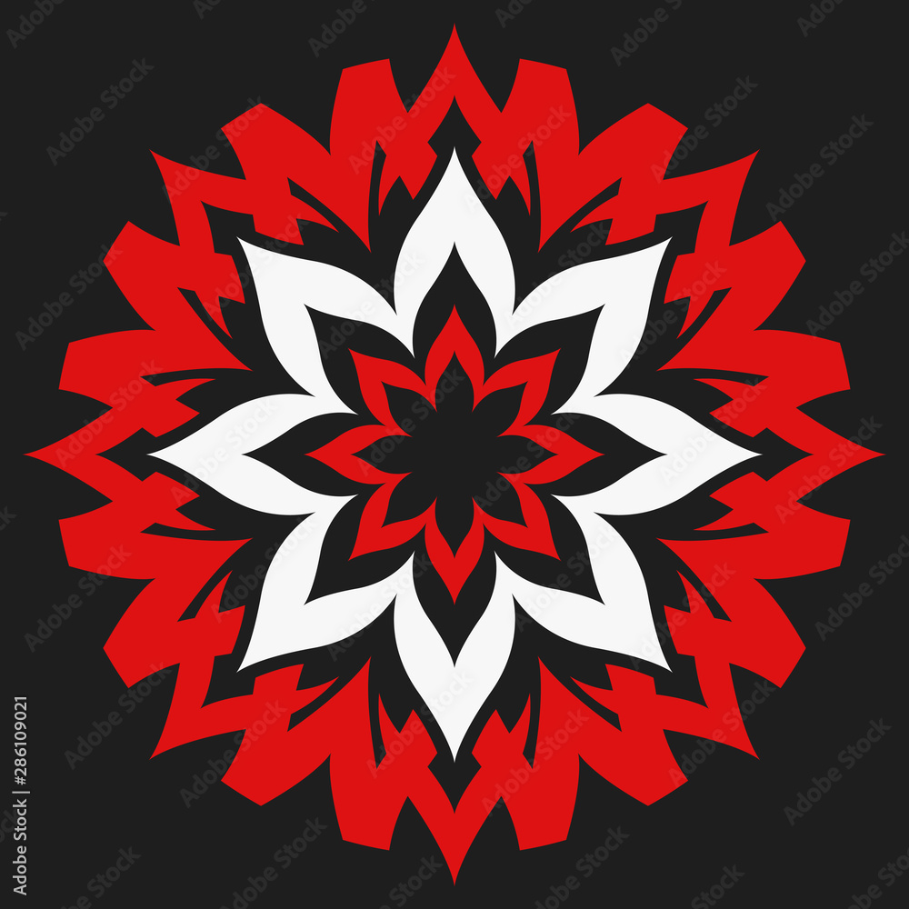 Red and white flower on a black background. Abstract floral decoration for design. Red and white flower on a black background. Abstract floral decoration for design.