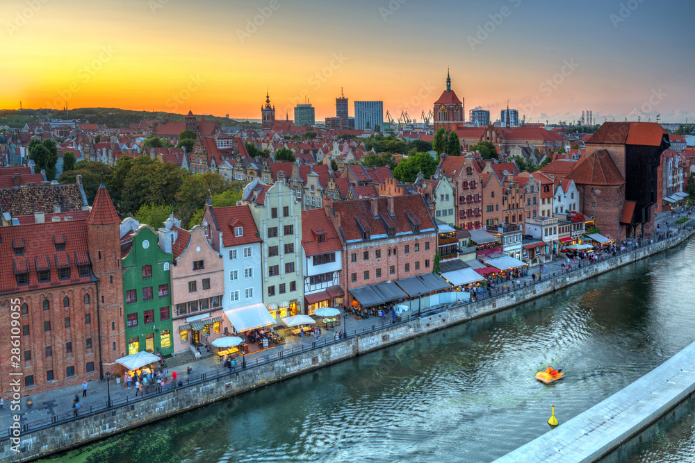 Beautiful architecture of the old town in Gdansk at sunset, Poland.