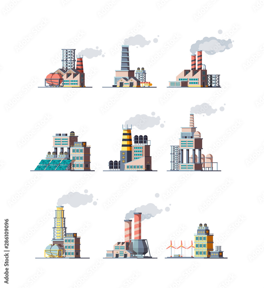 Factory. Industrial buildings smoke modern plants vector flat illustrations. Building with pollution pipe, industrial production