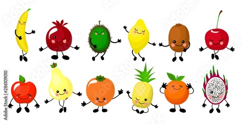 Set of colorful images of cute kawaii fruits - pear, banana, lemon, apple, pineapple, orange, persimmon. Isolated elements on a white background, flat style. Cute characters for kids, vector illustrat