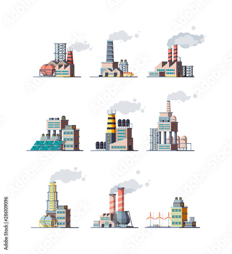 Factory. Industrial buildings smoke modern plants vector flat illustrations. Building with pollution pipe, industrial production