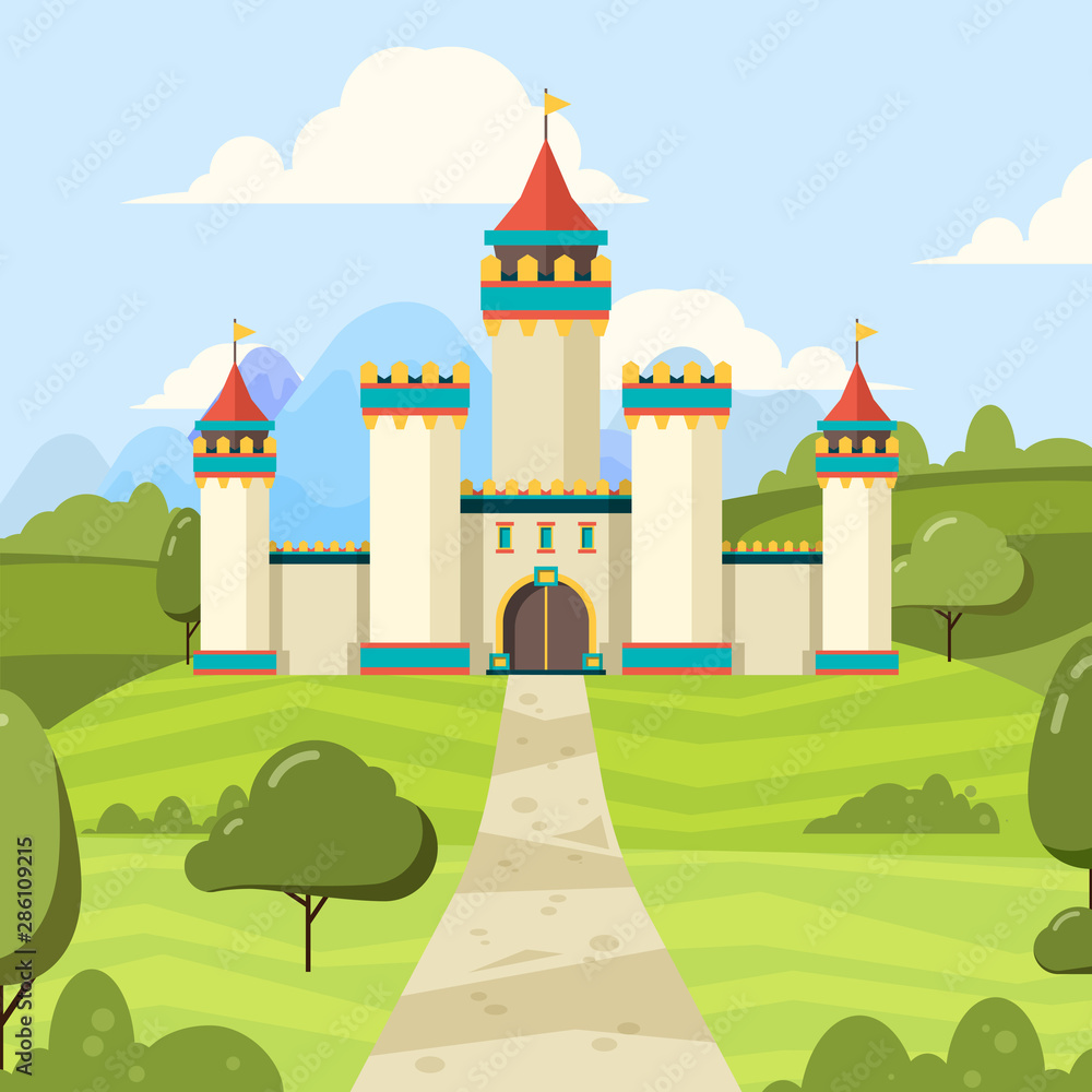 Fairy tale background with castle. Majestic building palace with towers vector medieval castle on green field. Illustration castle fantasy, palace medieval building, fairytale architecture kingdom Fairy tale background with castle. Majestic building palace with towers vector medieval castle on green field. Illustration castle fantasy, palace medieval building, fairytale architecture kingdom