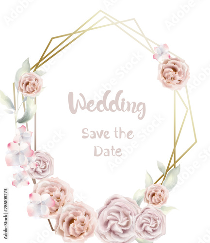Rose flower round card Vector watercolor. Vintage retro style wedding invitat...