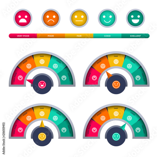 Tachometer. Ratio measuring interface of happy rate satisfaction customer tachometer speedometer business vector infographic. Indicator meter, measure interface, measurement chart illustration