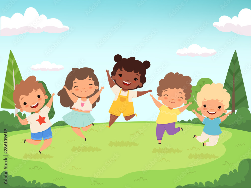 Happy kids background. Funny childrens playing and jumping laughing teen people vector characters. Happy girl and boy preschool, cartoon childhood illustration
