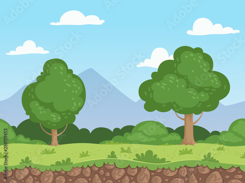 Seamless cartoon landscape. Parallax nature panorama ground with grass trees and rocks vector background. Illustration seamless game unending