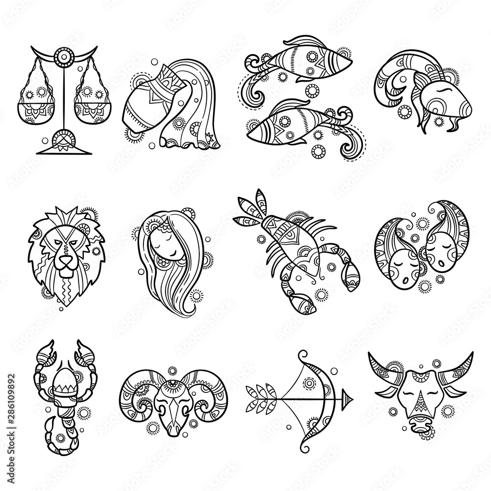 Zodiac characters. Astrology horoscope signs tattoos lion aries fish cancer  vector graphics. Illustration sagittarius and aries, taurus and lion,  aquarius and cancer Stock Vector | Adobe Stock