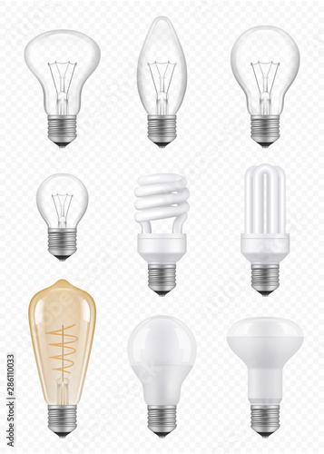 Light bulbs. Transparent halogen economical innovation bulbs vector realistic pictures. Light bulb, halogen lamp power illustration
