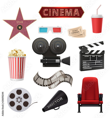 Movie realistic. Cinema objects camera camcorder film tape clapperboard vector collection. Movie cinema, video camera and camcorder, clapperboard and popcorn illustration