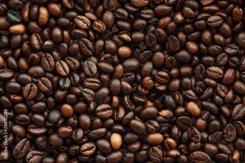 Fresh roasted brown coffee beans  top view of seeds texture as food background for design  macro photo