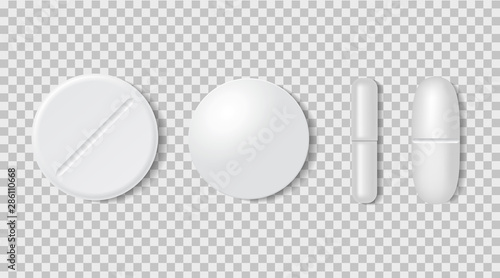 3d realistic white medical pill or tablet on transparent background. Set of medical round pill and capsules in mockup style. Medical and healthcare concept. vector