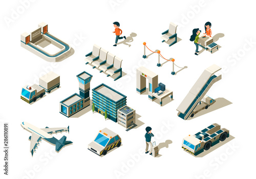 Airport isometric. Terminal equipment security controlling passengers baggage ladder entrance station arrival service vector collection. Equipment ladder airplane, service baggage belt illustraion