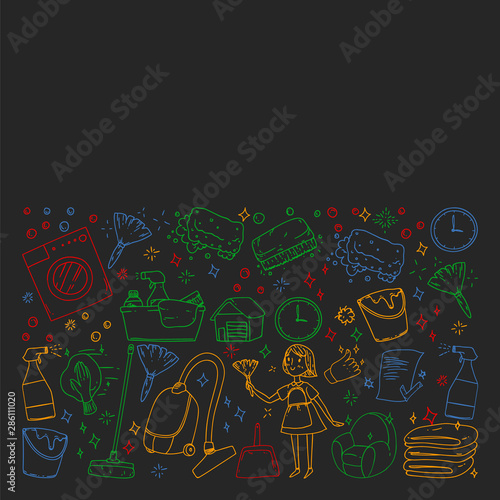 cleaning services company vector monochrome pattern on black background  drawing colorful chalk.