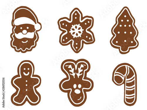 Variety of six Gingerbread Christmas Cookies. Vector of Santa, Star, Christmas Tree, Gingerbread man, Reindeer, Candy Cane. Vector illustration. Baking Christmas vector.
