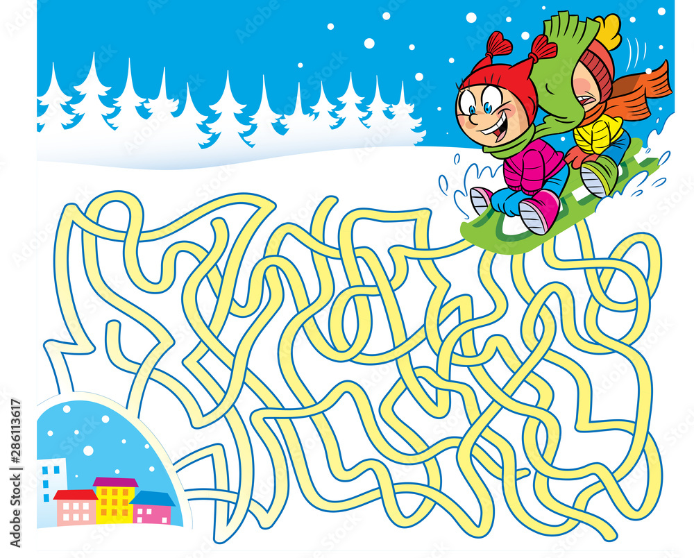 Vector illustration with a maze where you need to help children find their way home. Vector illustration with a maze where you need to help children find their way home.