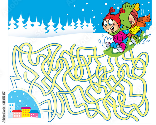 Vector illustration with a maze where you need to help children find their way home.