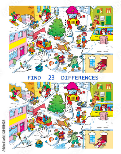 Vector puzzle with a city street before Christmas. In the illustration, you need to find 23 differences in the pictures with the characters on New Year's Day.