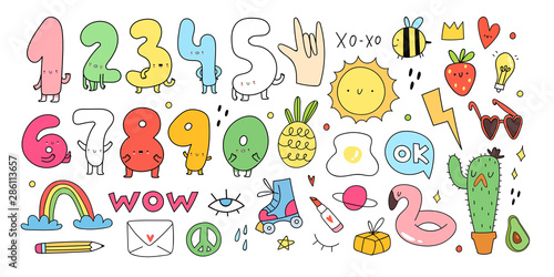 Hand drawn cute numbers with face emotions and different objects. Colorful big vector set for kids. Educational illustration. Doodle icons. Bright colors. All elements are isolated