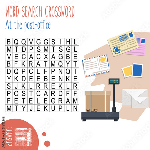 Easy word search crossword puzzle 'At the post-office', for children in elementary and middle school. Fun way to practice language comprehension and expand vocabulary.Includes answers.