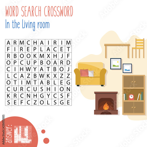 Easy word search crossword puzzle 'In the living room', for children in elementary and middle school. Fun way to practice language comprehension and expand vocabulary.Includes answers.