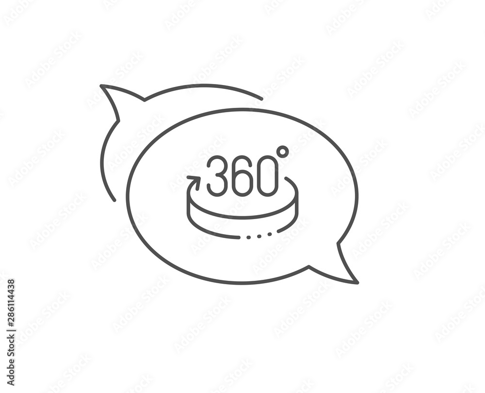 360 degrees line icon. Chat bubble design. VR simulation sign. Panoramic view symbol. Outline concept. Thin line 360 degrees icon. Vector