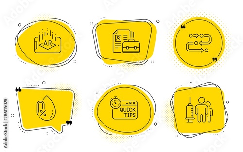 Augmented reality, No alcohol and Medical vaccination signs. Chat bubbles. Methodology, Vacancy and Quick tips line icons set. Development process, Hiring job, Helpful tricks. Phone simulation. Vector