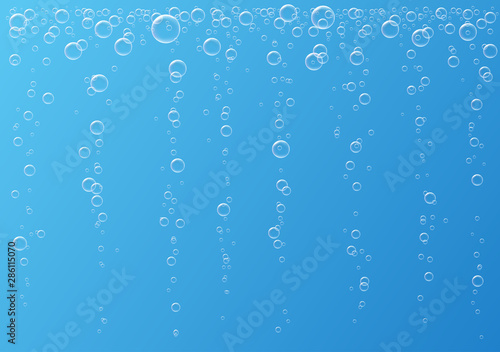 Vector fizzing air bubbles going up  on blue background. Underwater oxygen texture. Macro object.