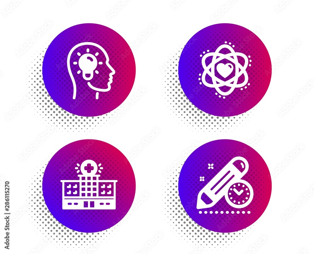 Atom, Idea head and Hospital building icons simple set. Halftone dots button. Project deadline sign. Electron, Lightbulb, Medical help. Time management. Science set. Classic flat atom icon. Vector