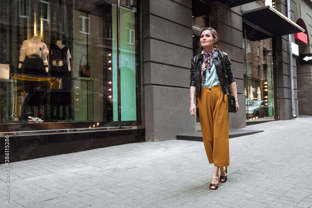 A beautiful girl walking in the street. A female business style. A concept of street fashion, shopping. A beautiful girl walking in the street. A female business style. A concept of street fashion, shopping.