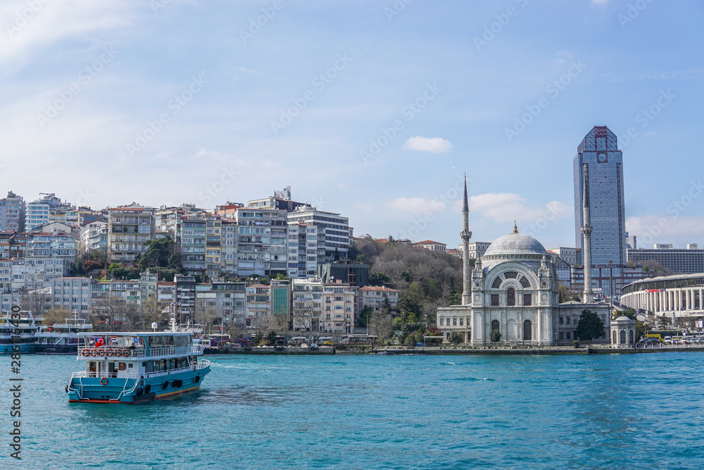 view city of istanbul and boat in blue sea