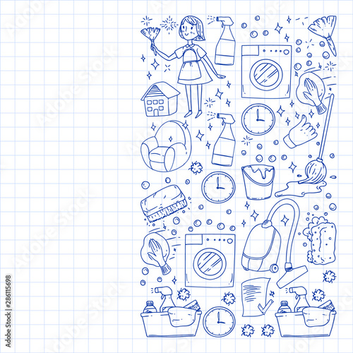 cleaning services company vector monochrome pattern on background, drawing blue pen .
