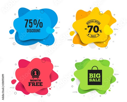 75% Discount. Liquid shape, various colors. Sale offer price sign. Special offer symbol. Geometric vector banner. Discount text. Gradient shape badge. Vector