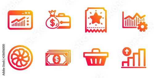 Salary, Web traffic and Shopping basket line icons set. Operational excellence, Loyalty ticket and Fan engine signs. Payment, Graph chart symbols. Diplomat with money bag, Website window. Vector