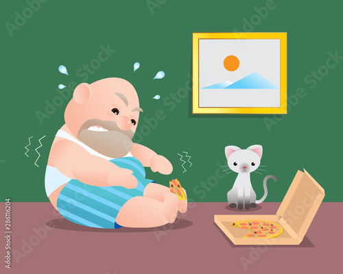 Funny vector illustration of fat bald man doing sit up excercising.Poor man lift  his torso up as close to the pizza on his toes.Pizza is his prize.Concept of Strong healthy fat man.