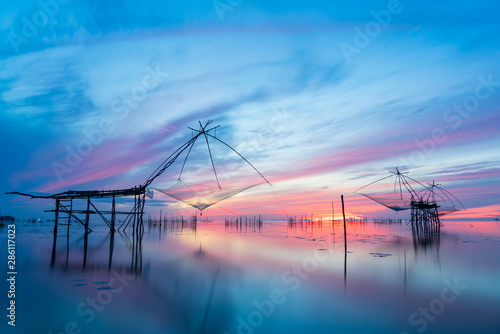 Songkhla lake and fishery tool at sunrise in Pakpra