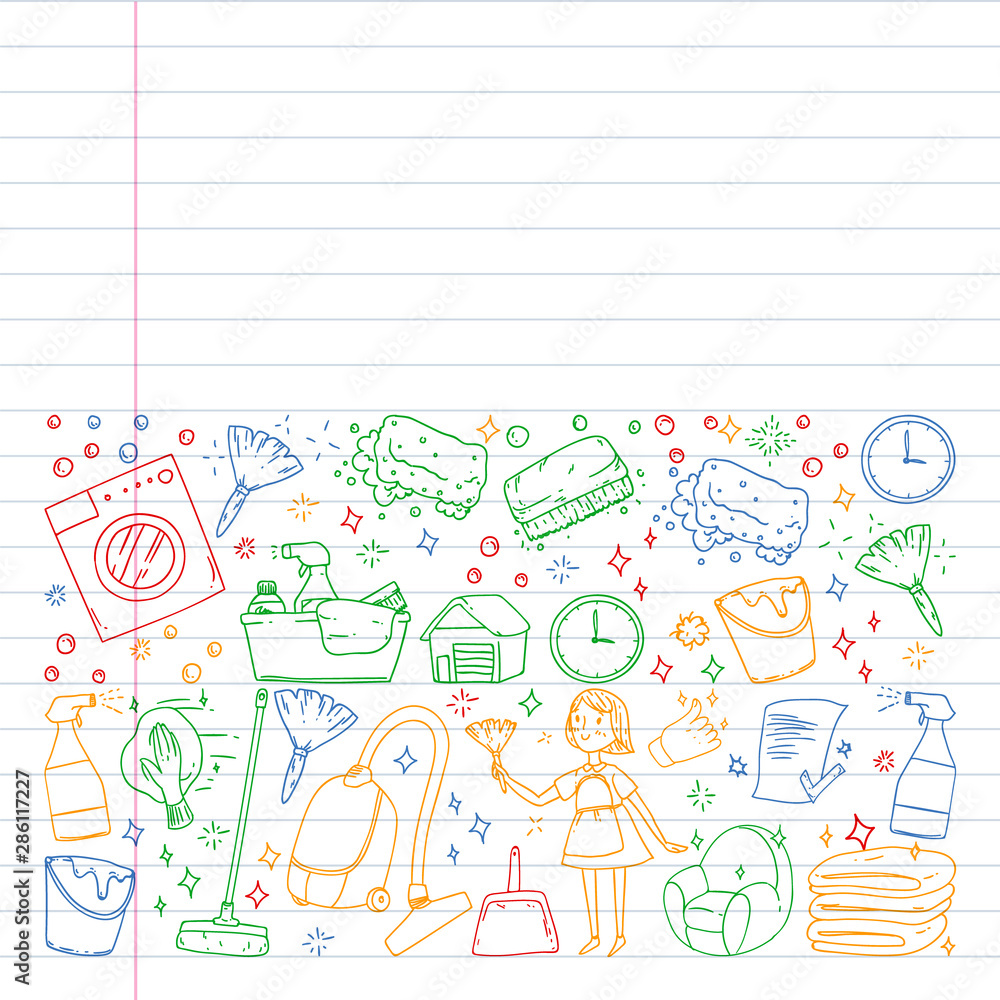 Cleaning services company vector pattern, drawing in exercise book. Cleaning services company vector pattern, drawing in exercise book.