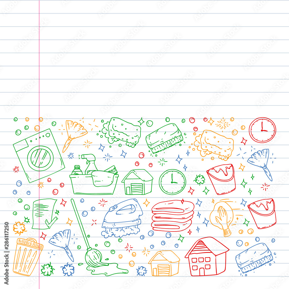 Fototapeta premium Cleaning services company vector pattern, drawing in exercise book.