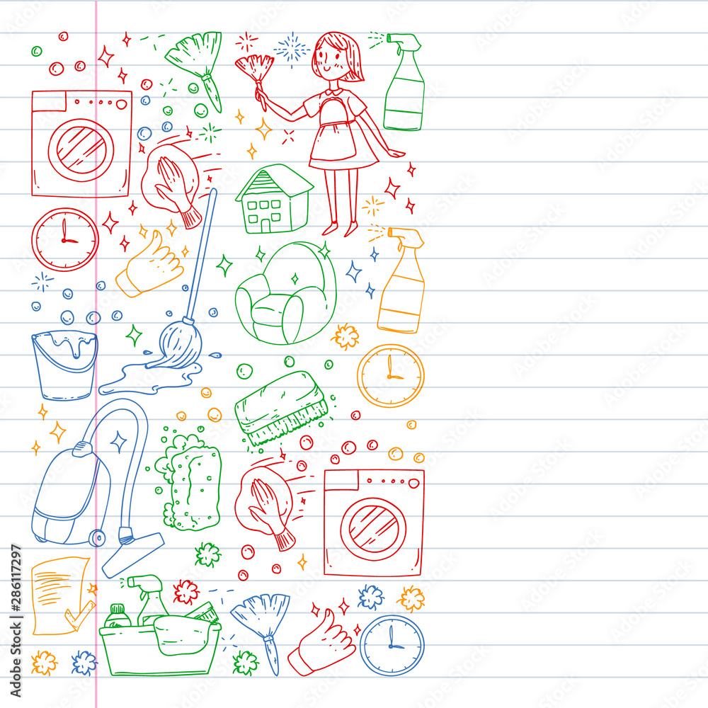 Cleaning services company vector pattern, drawing in exercise book.